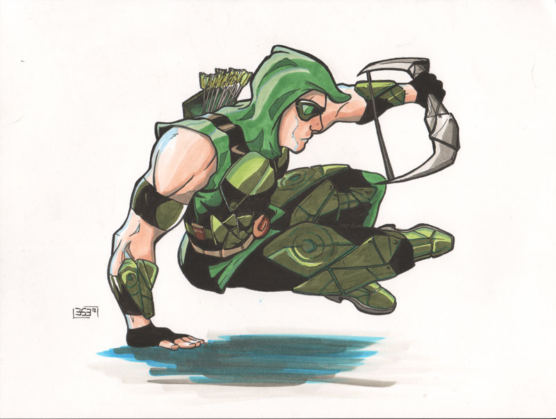 Green Arrow leaping over... something